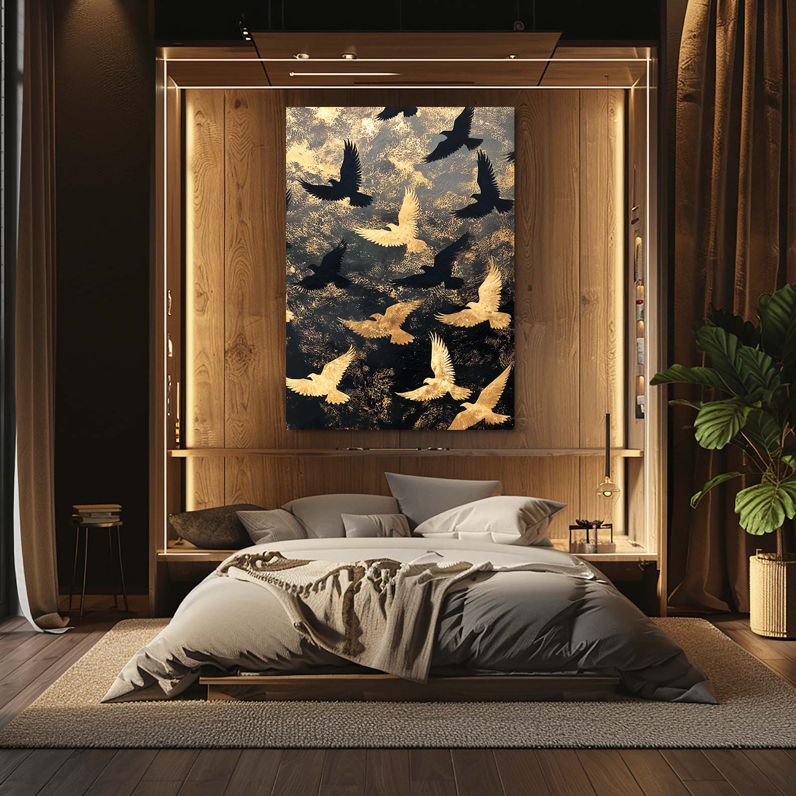 Golden Bird Flight Wall Decor – styled in a furnished interior
