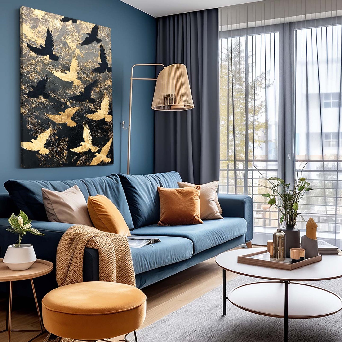 Golden Bird Flight Wall Decor – styled in a furnished interior