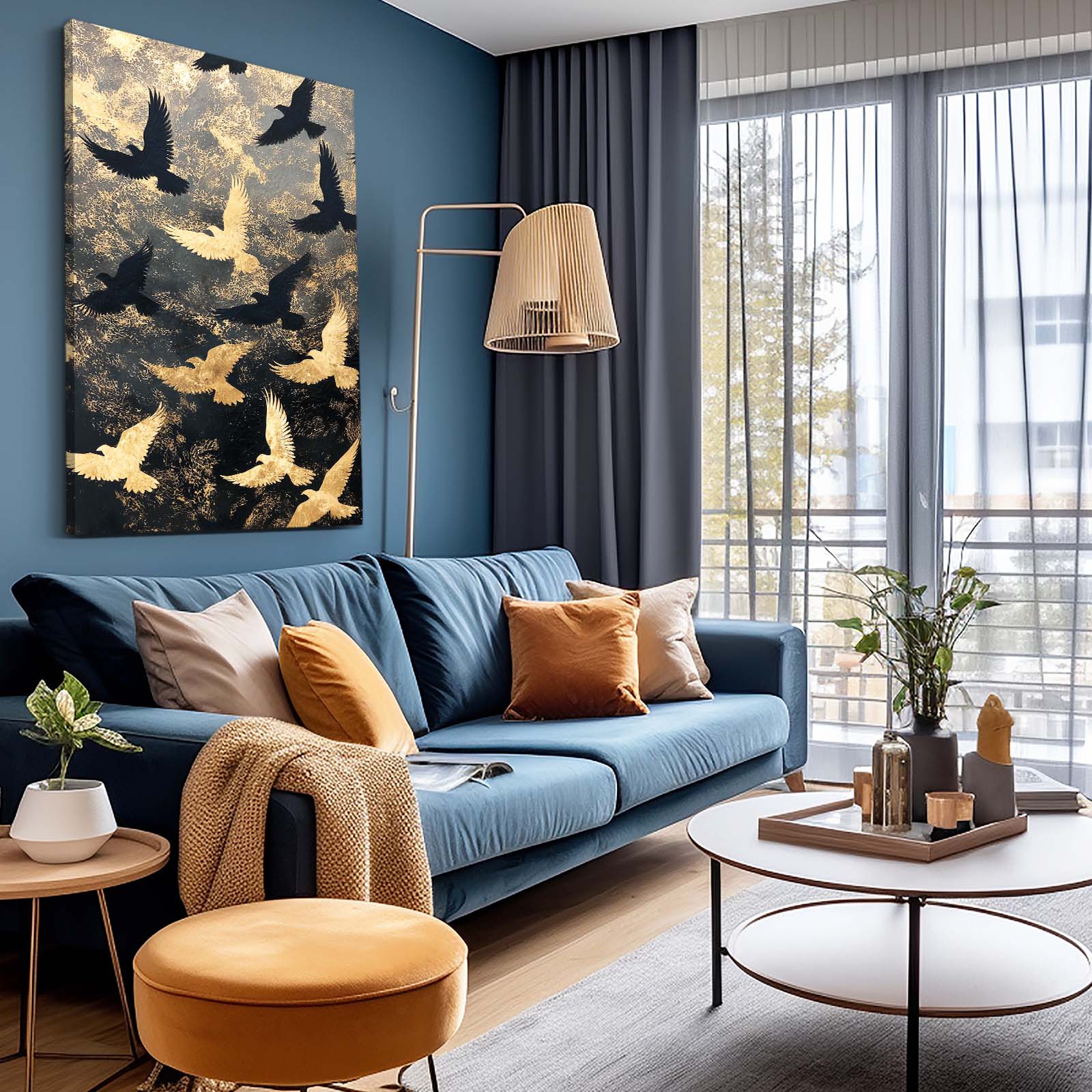 Golden Bird Flight Wall Decor – styled in a furnished interior