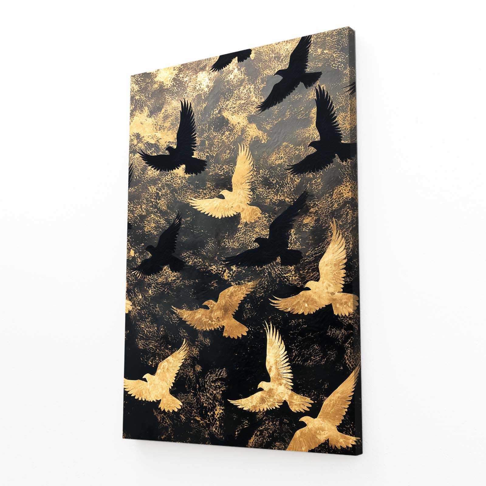 Golden Bird Flight Wall Decor – angled canvas view on white background