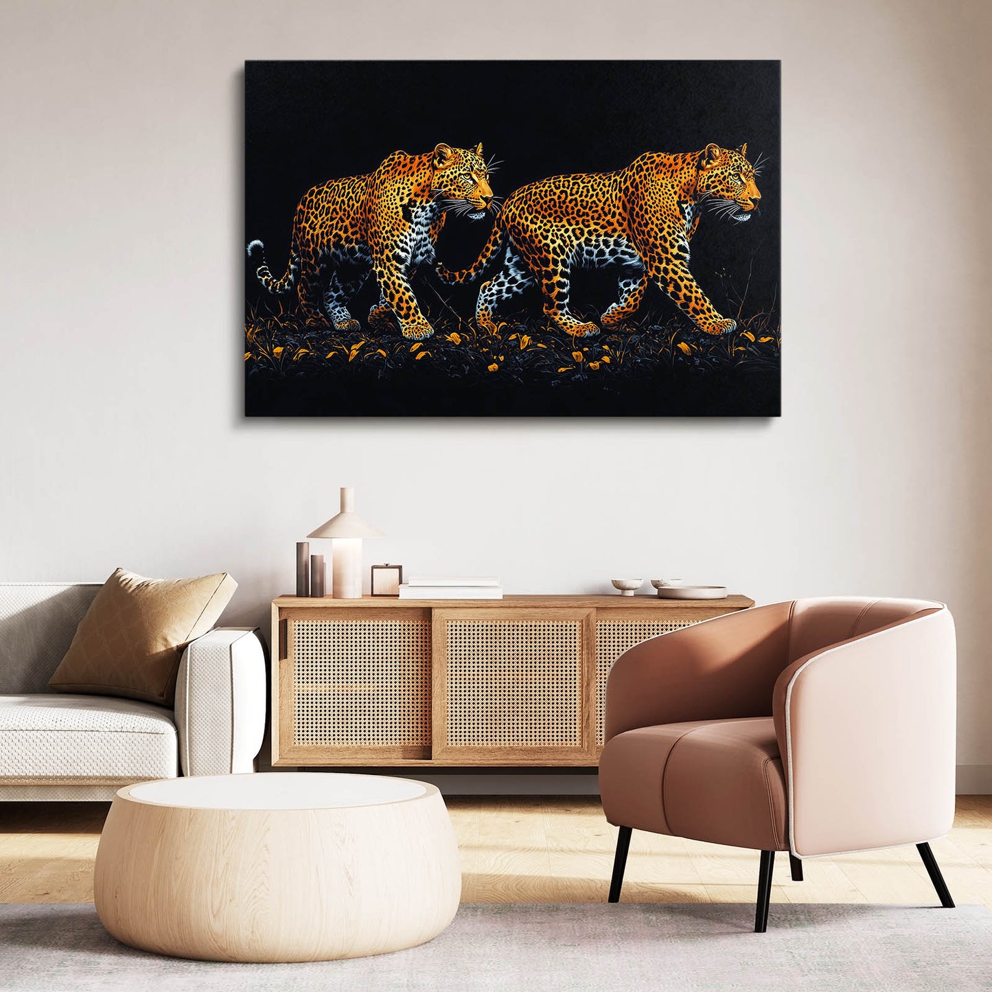 Golden Bloom Pair Leopard Prints – styled in a furnished interior