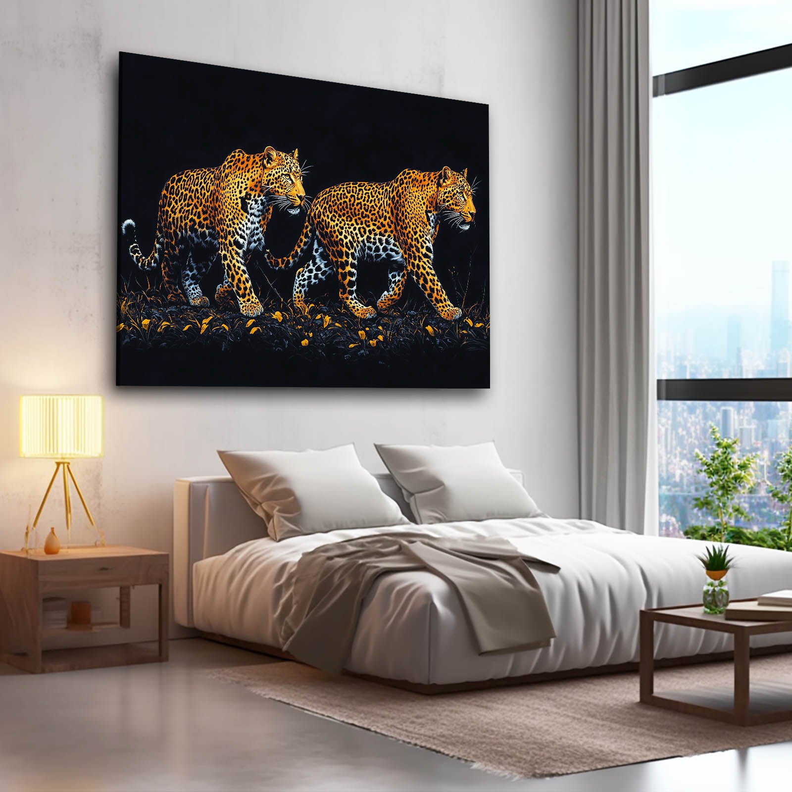 Golden Bloom Pair Leopard Prints – styled in a furnished interior