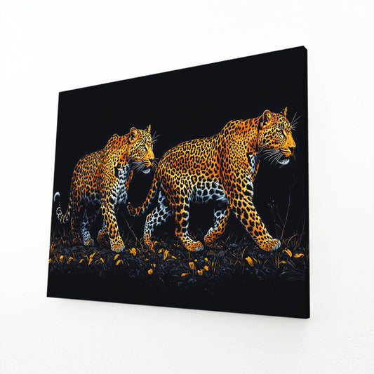 Golden Bloom Pair Leopard Prints – angled canvas view on white background