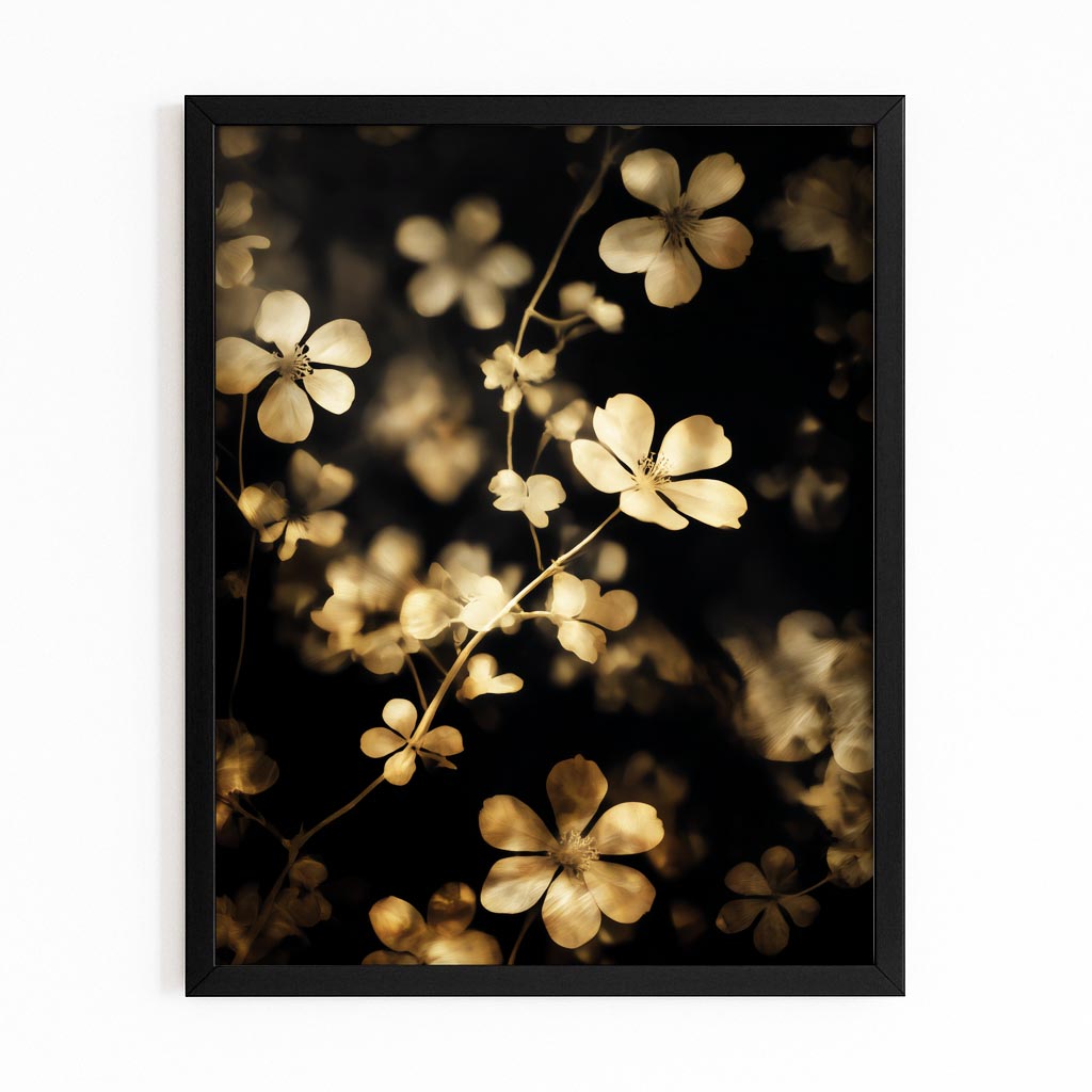 Golden Blossom Branch Wall Decor – with Premium Black frame on white background