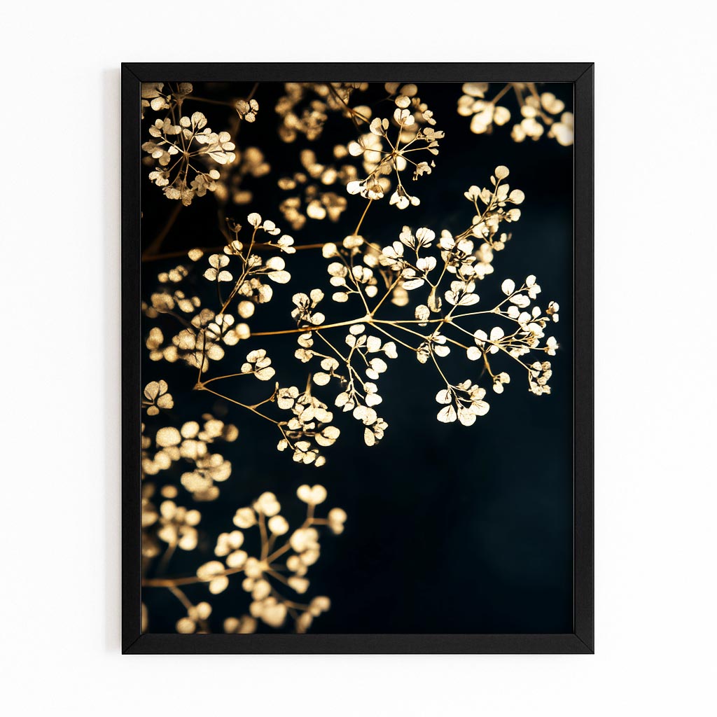 Golden Blossom Spray Wall Decor – with Premium Black frame on white background