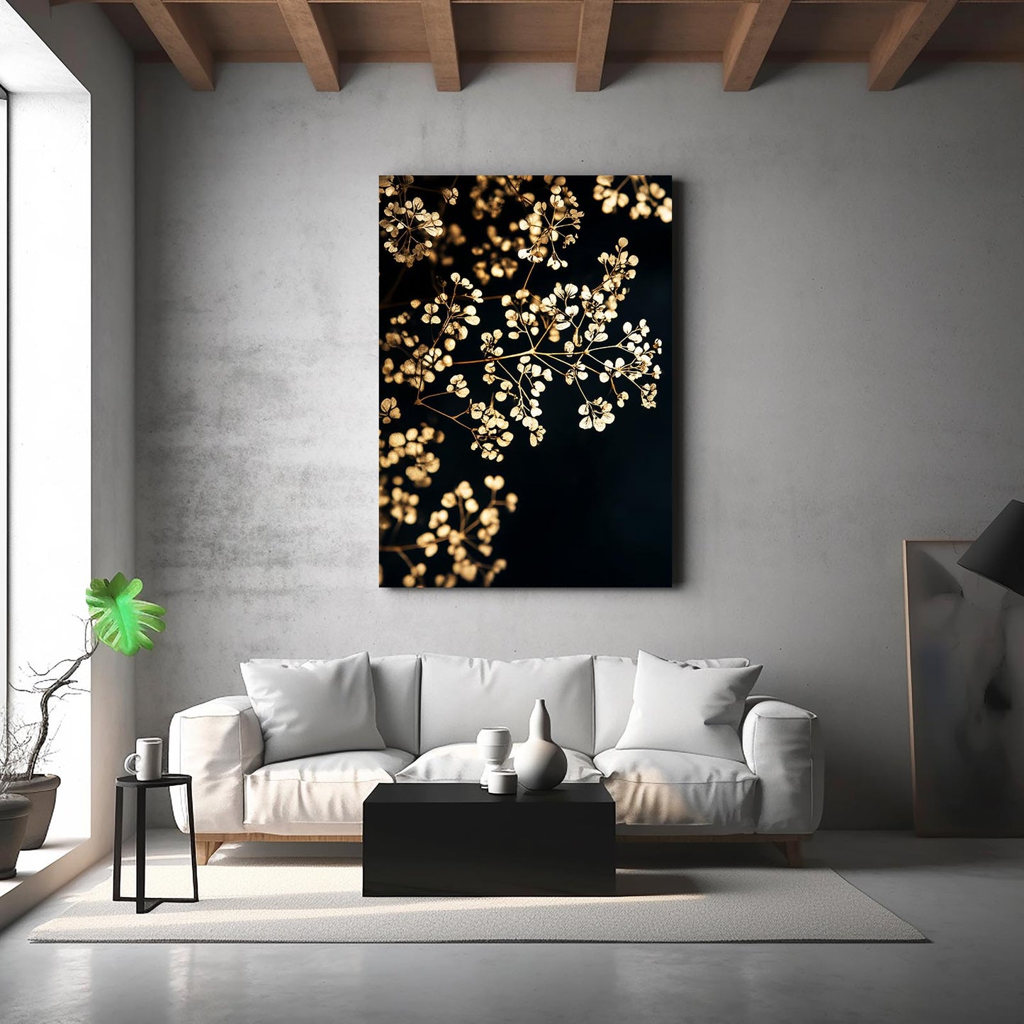 Golden Blossom Spray Wall Decor – styled in a furnished interior