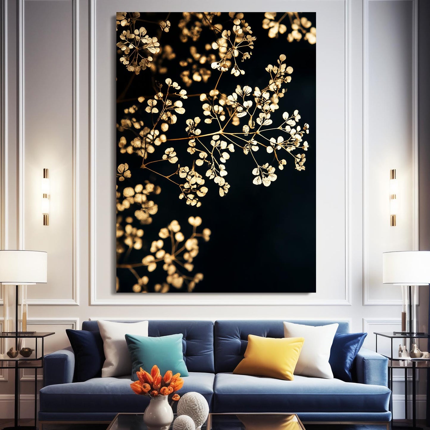 Golden Blossom Spray Wall Decor – styled in a furnished interior