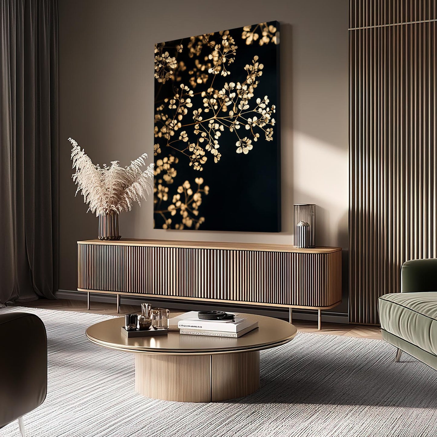 Golden Blossom Spray Wall Decor – styled in a furnished interior
