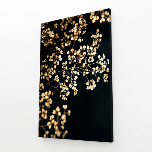 Golden Blossom Spray Wall Decor – angled canvas view on white background