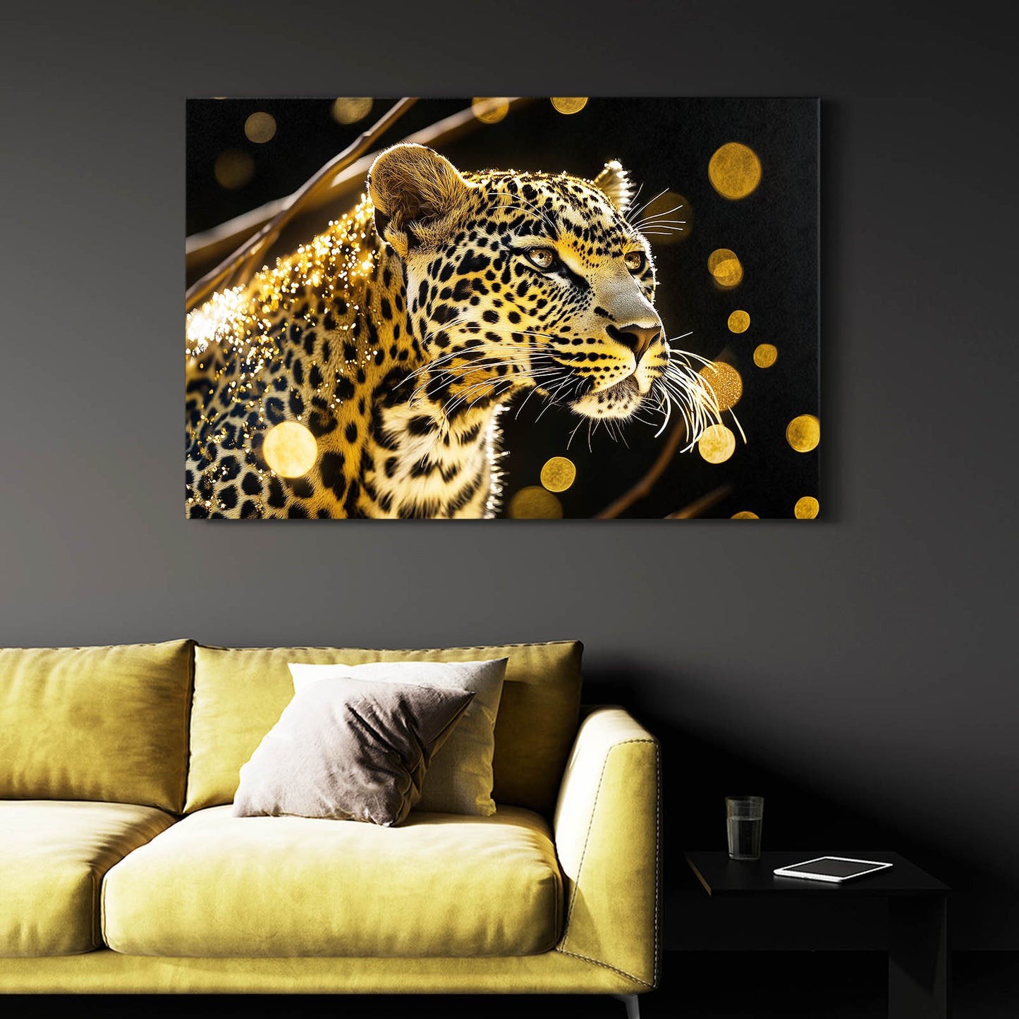 Golden Bokeh Glow Leopard Canvas Art – styled in a furnished interior