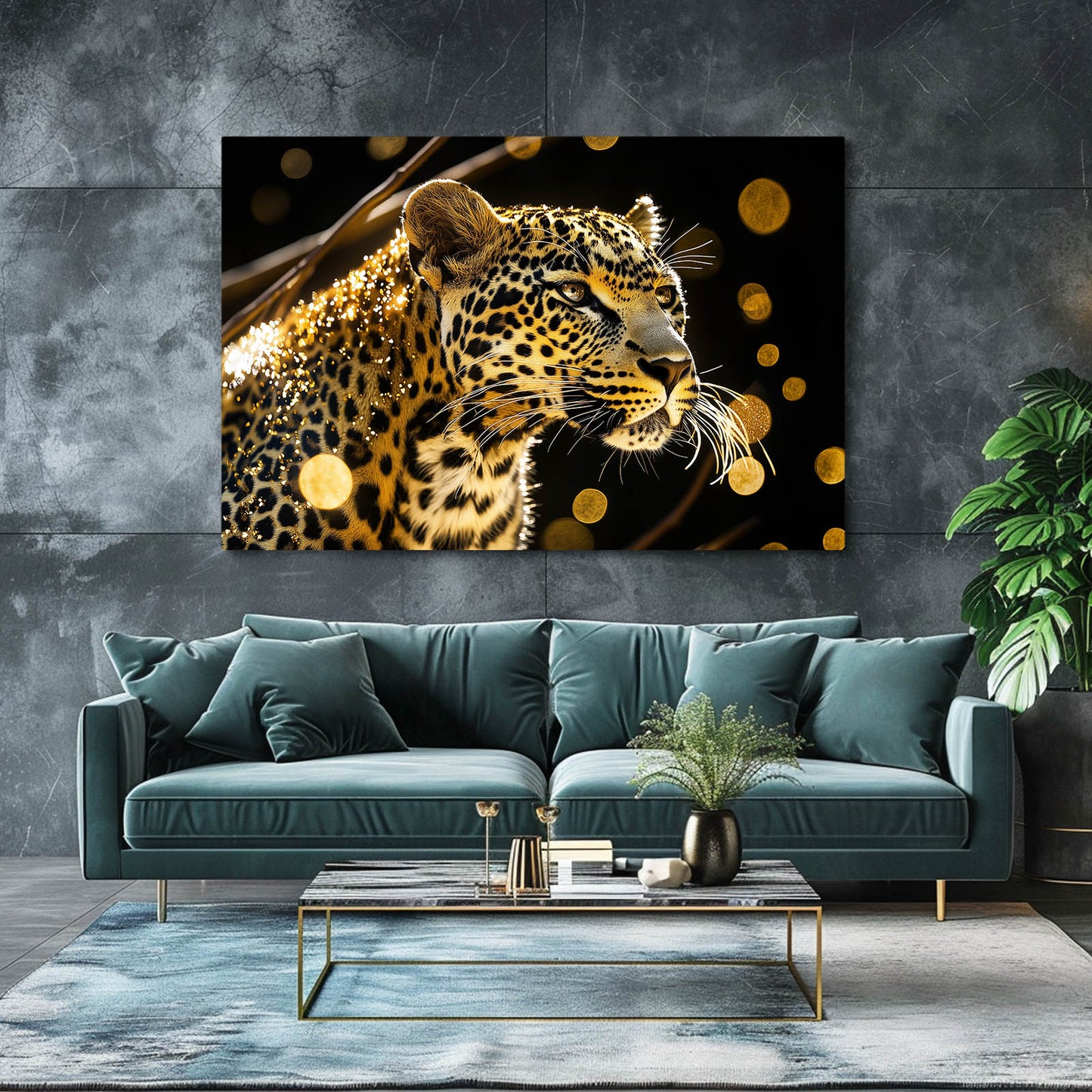 Golden Bokeh Glow Leopard Canvas Art – styled in a furnished interior