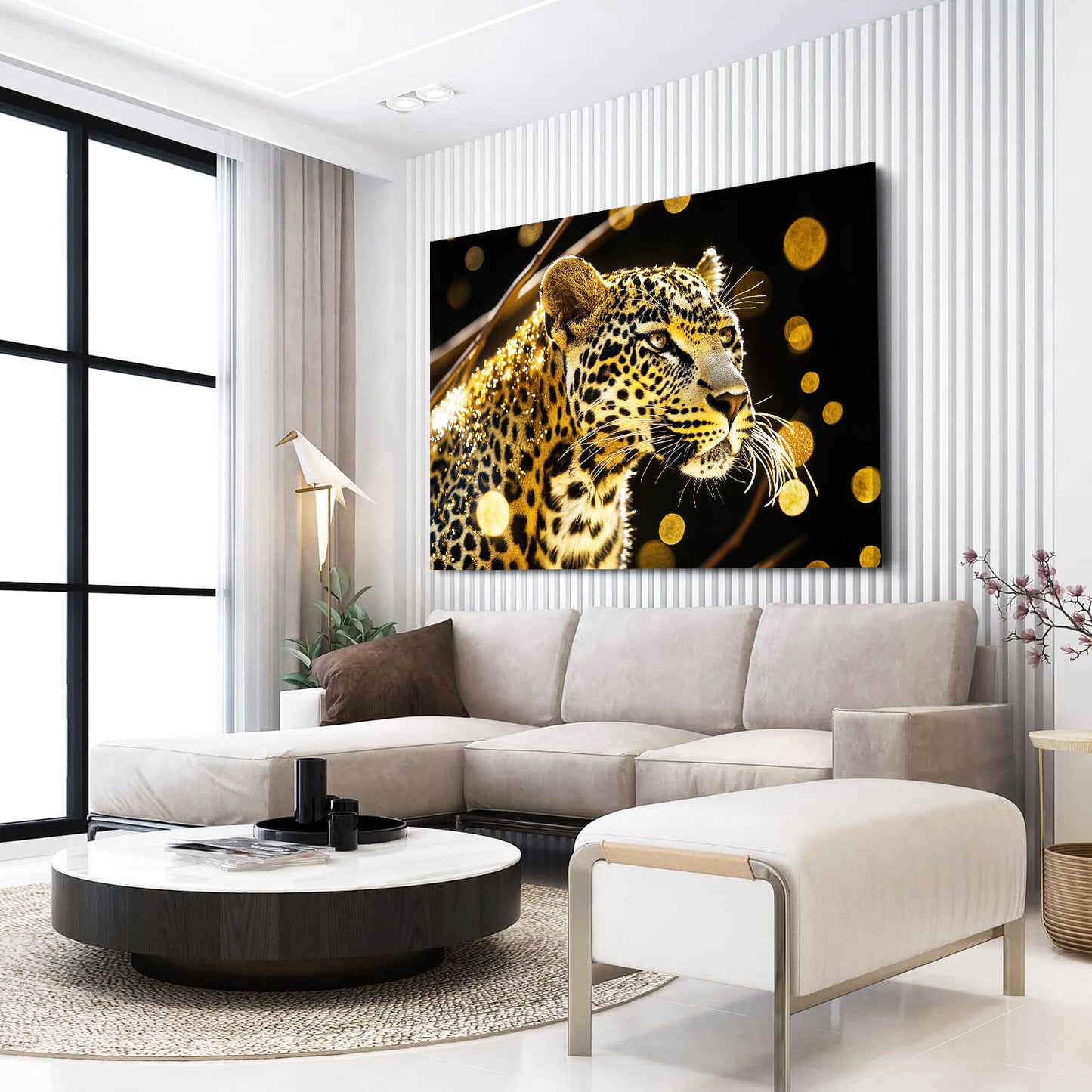 Golden Bokeh Glow Leopard Canvas Art – styled in a furnished interior