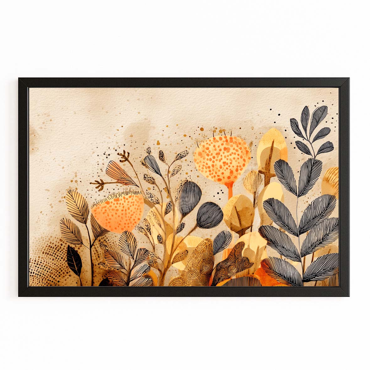 Golden Botanical Farmhouse Canvas – with Premium Black frame on white background