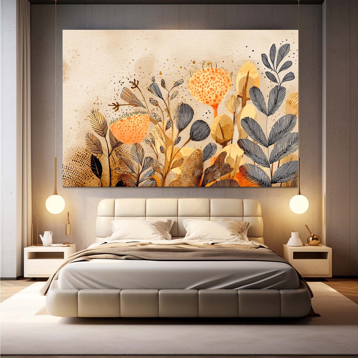 Golden Botanical Farmhouse Canvas – styled in a furnished interior