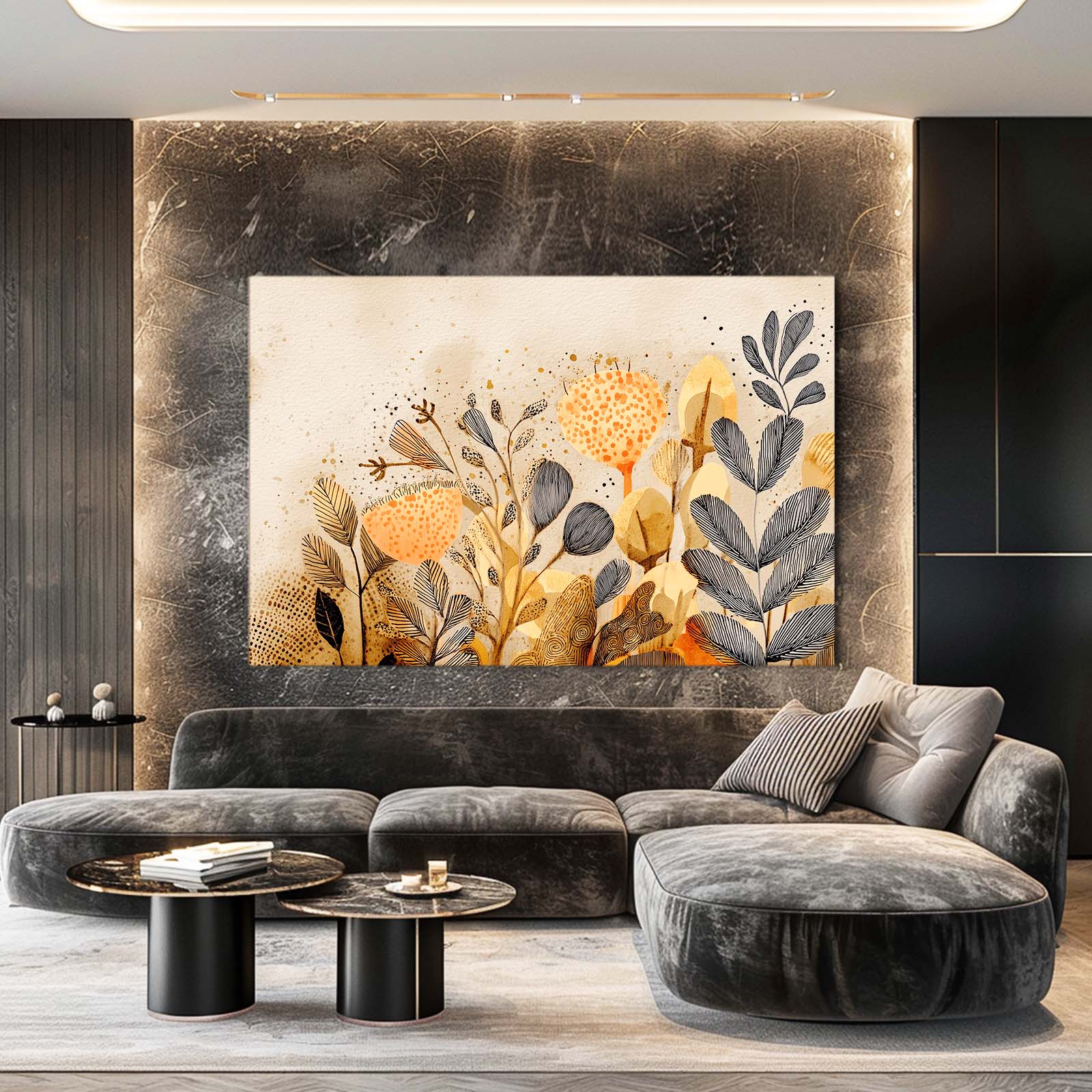 Golden Botanical Farmhouse Canvas – styled in a furnished interior