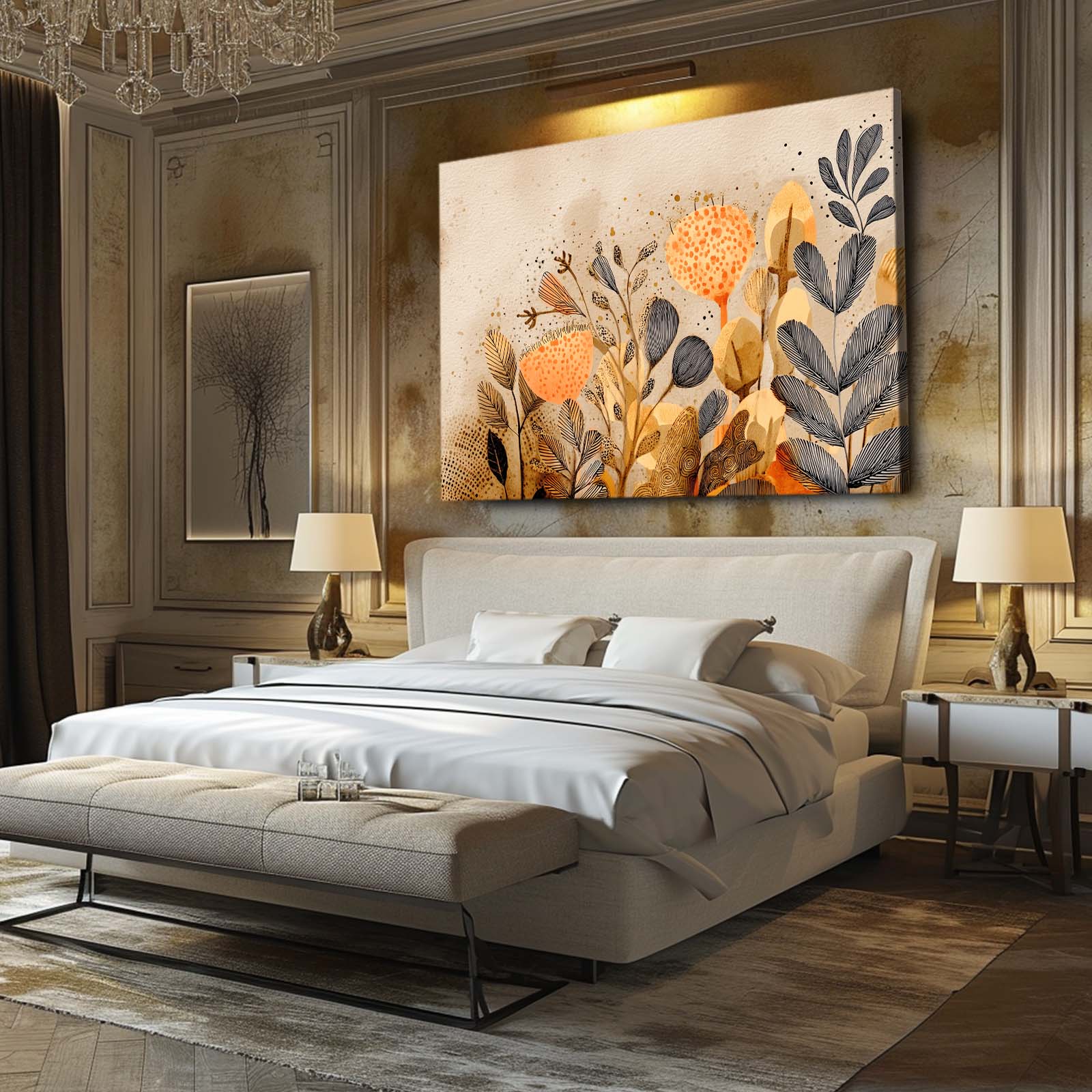 Golden Botanical Farmhouse Canvas – styled in a furnished interior