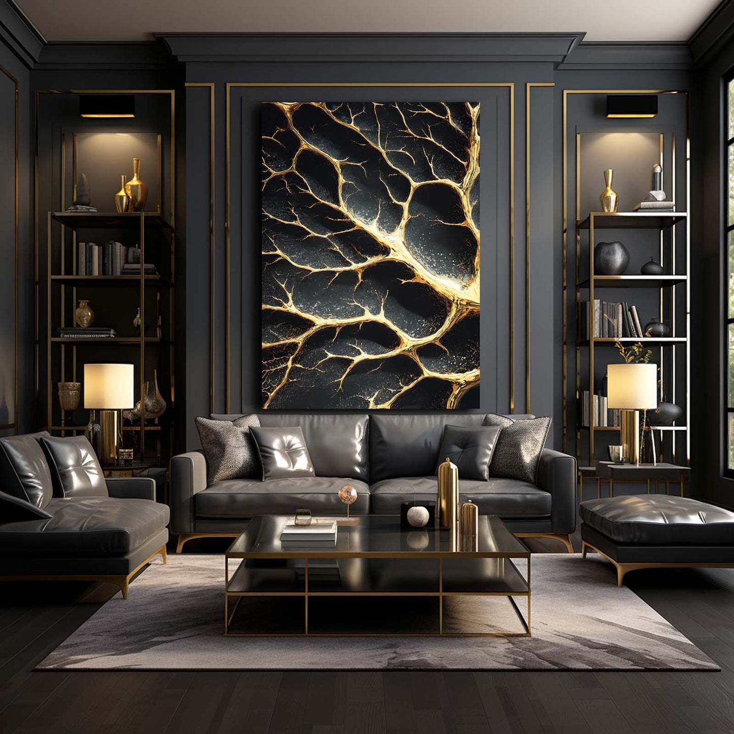 Golden Branch Cracks Canvas Art – styled in a furnished interior