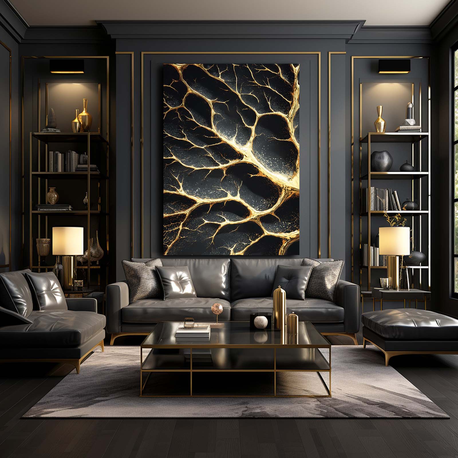 Golden Branch Cracks Canvas Art – styled in a furnished interior