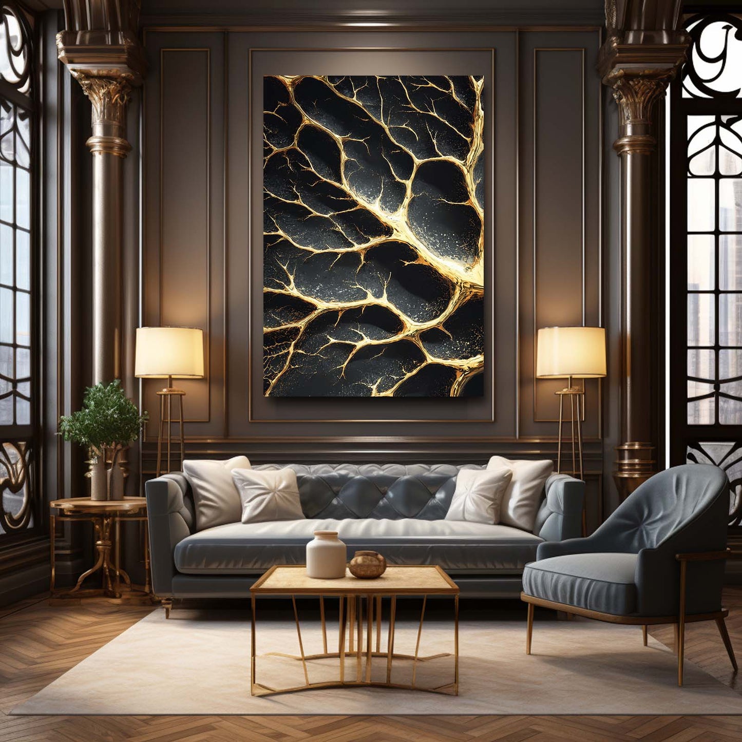 Golden Branch Cracks Canvas Art – styled in a furnished interior