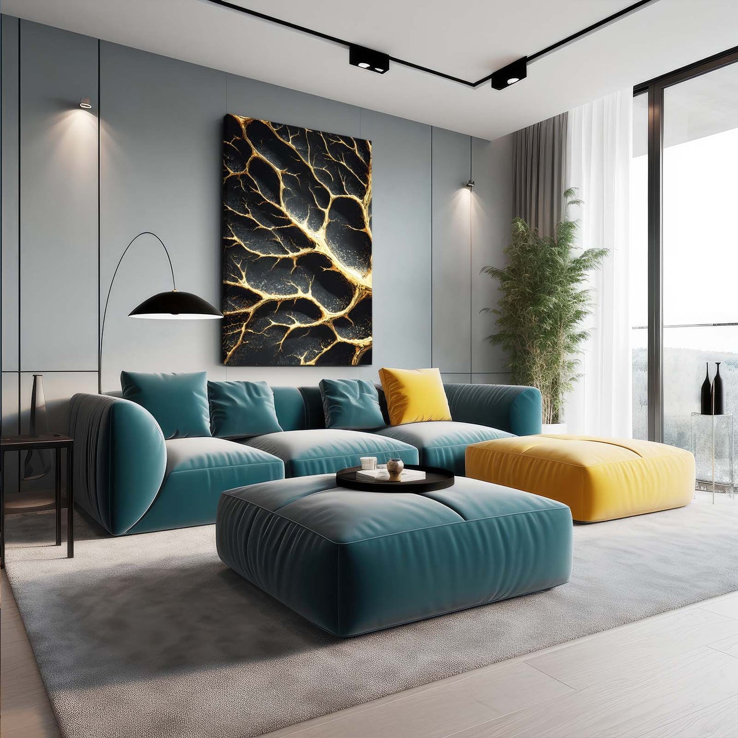Golden Branch Cracks Canvas Art – styled in a furnished interior