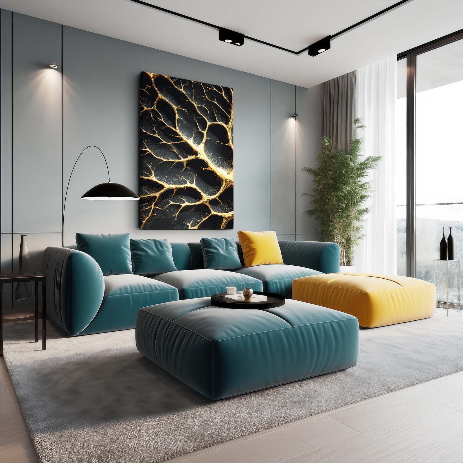 Golden Branch Cracks Canvas Art – styled in a furnished interior