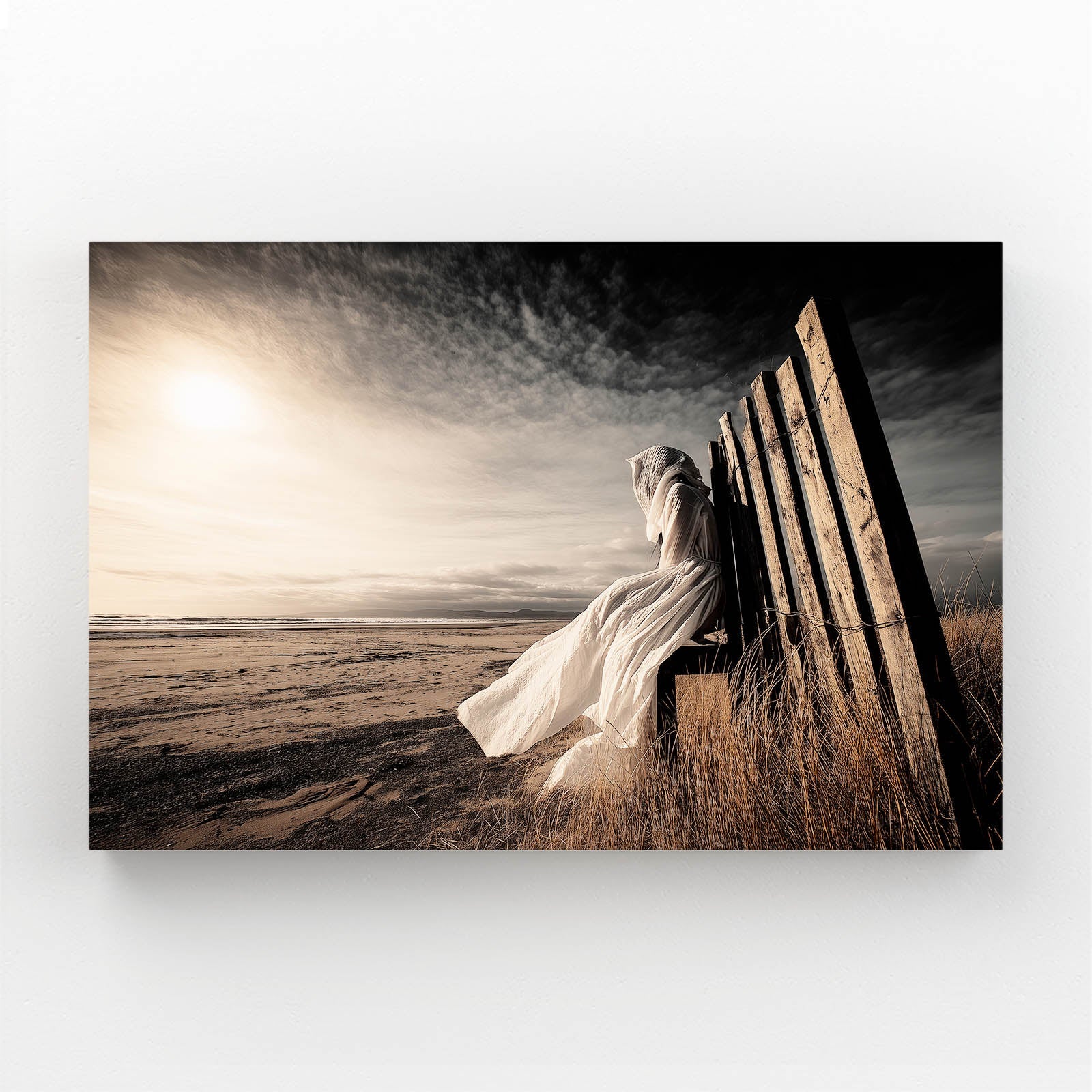 Golden Bride Wall Art Photograph – bride leaning against a wooden fence at golden sunset