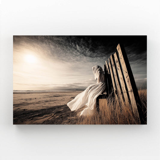 Golden Bride Wall Art Photograph – bride leaning against a wooden fence at golden sunset