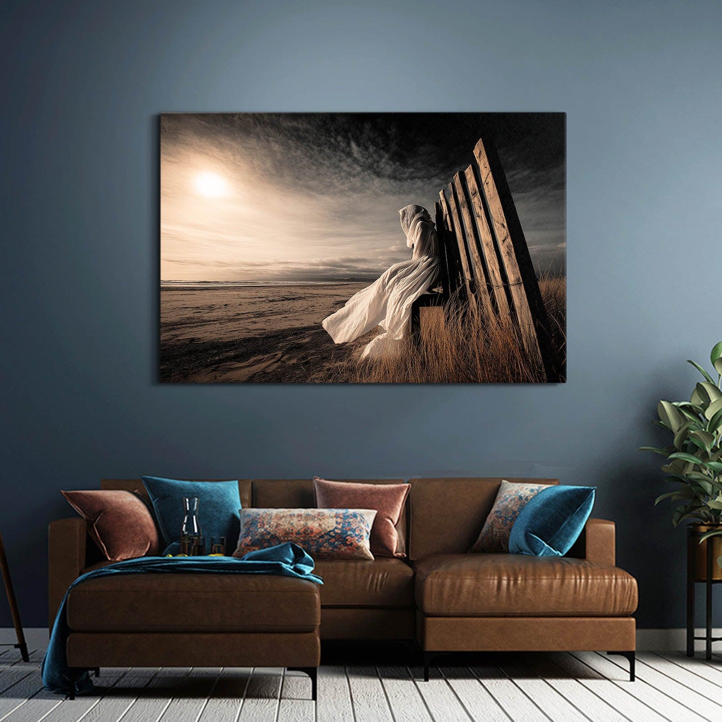 Golden Bride Wall Art Photograph – above a brown leather sofa with blue cushions