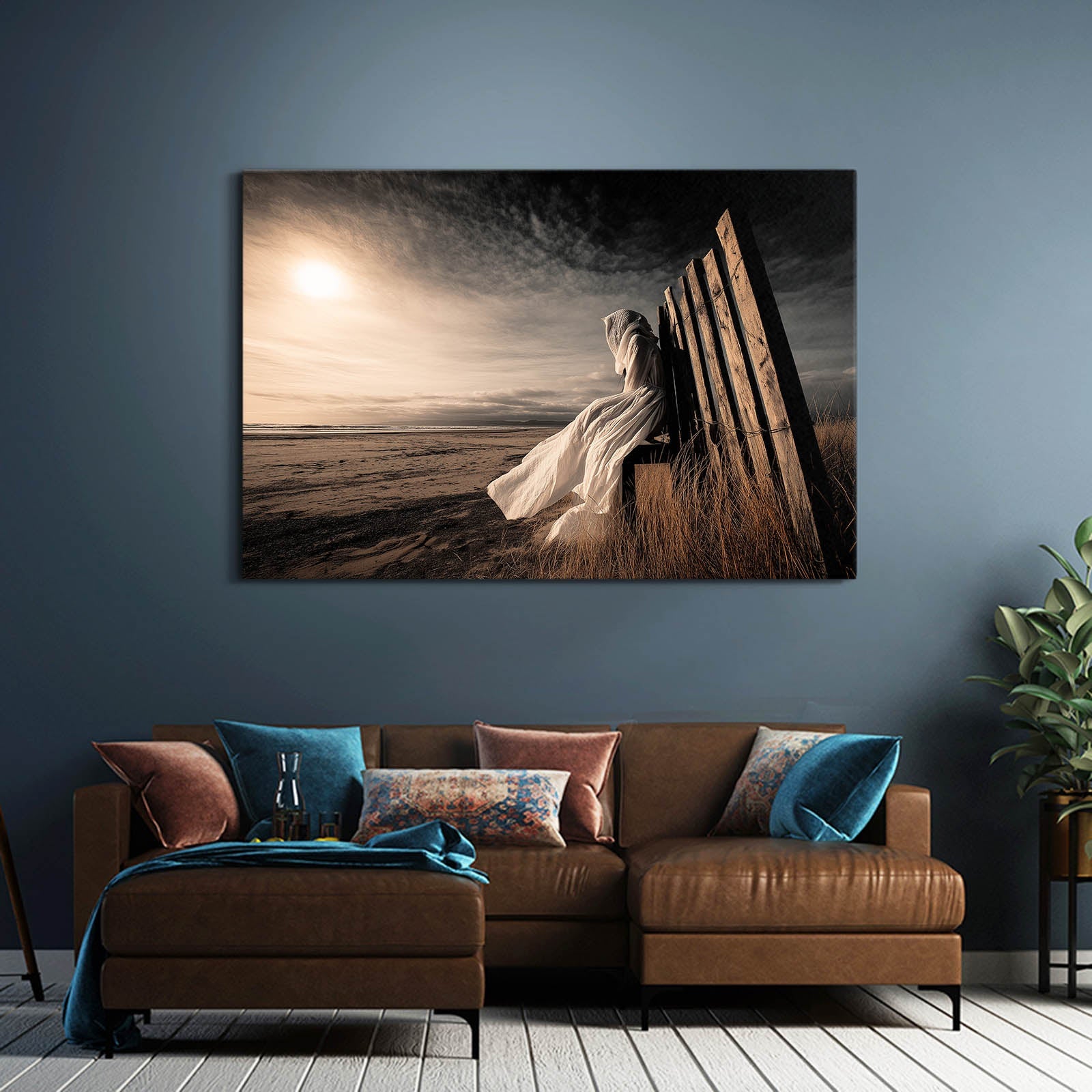 Golden Bride Wall Art Photograph – above a brown leather sofa with blue cushions