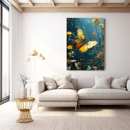 Golden Butterfly Wall Art — botanical canvas print in blue tones, view 3