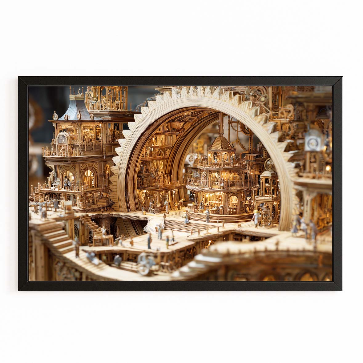 Golden Clockwork Workshop Steampunk Canvas – with Premium Black frame on white background