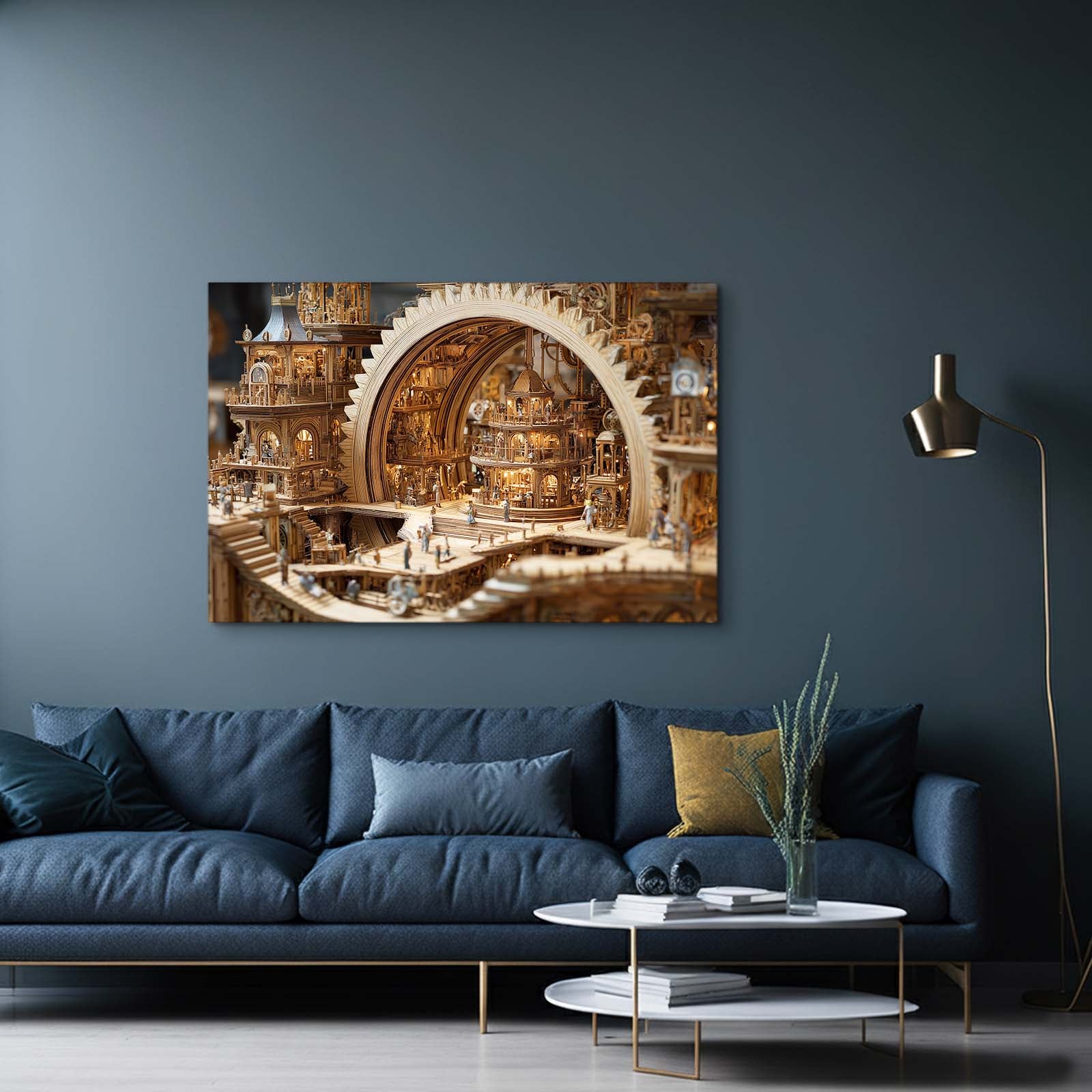 Golden Clockwork Workshop Steampunk Canvas – styled in a furnished interior