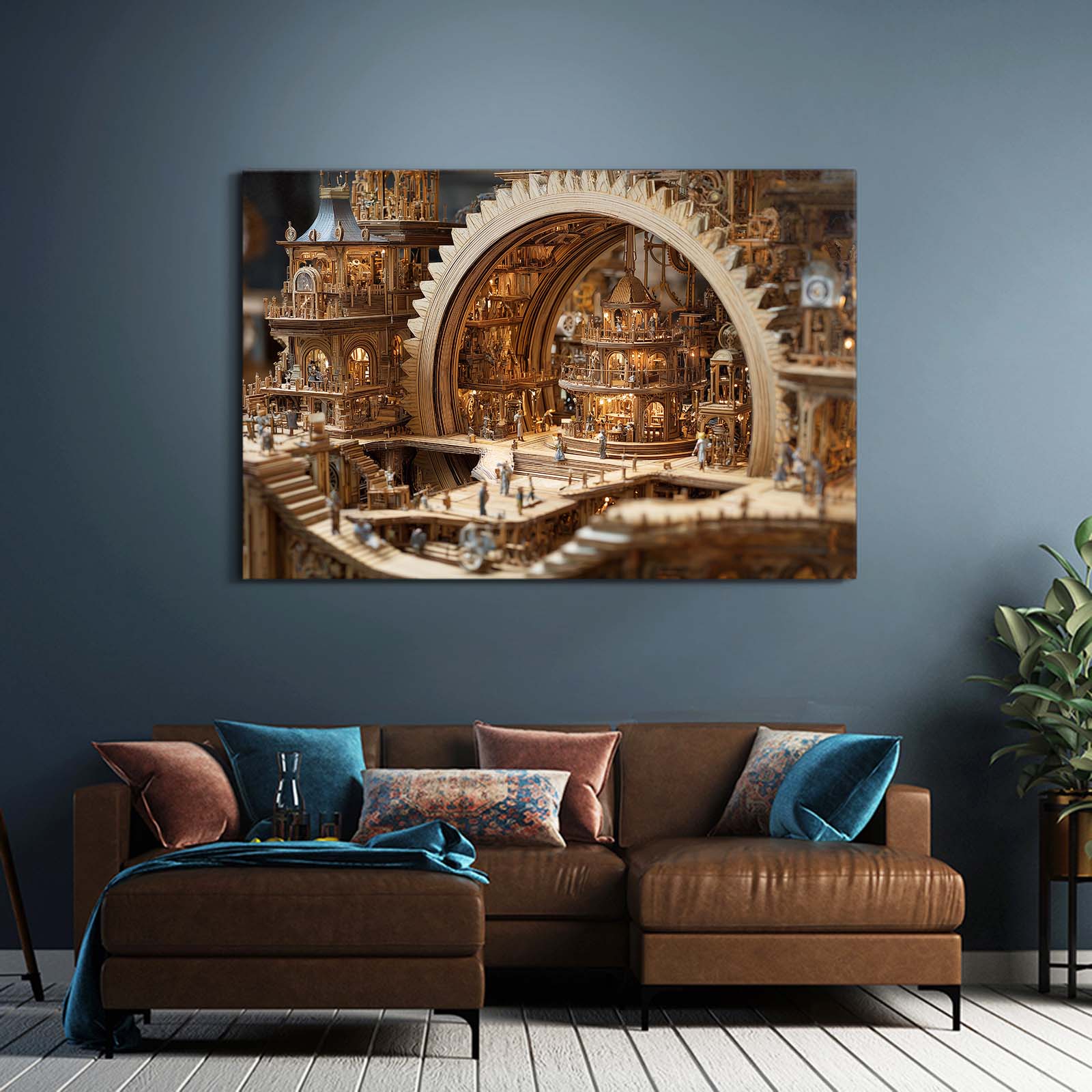 Golden Clockwork Workshop Steampunk Canvas – styled in a furnished interior
