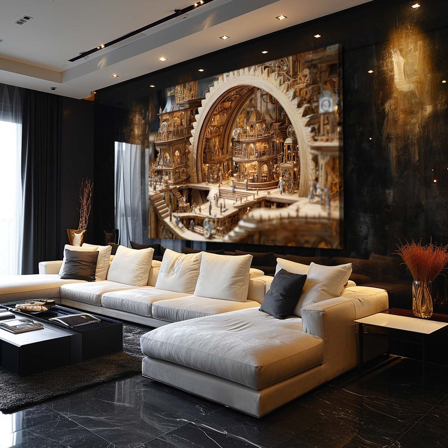 Golden Clockwork Workshop Steampunk Canvas – styled in a furnished interior