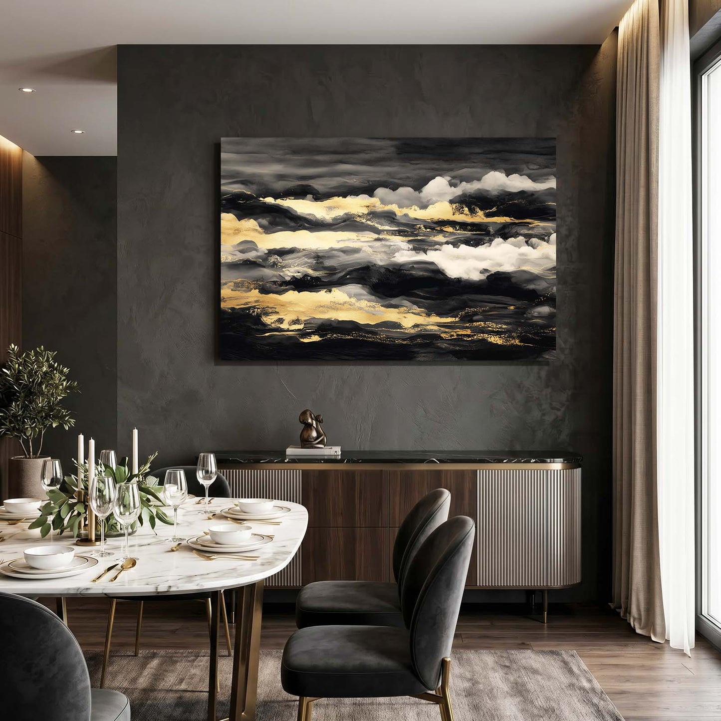 Golden Cloud Bank Canvas Art – styled in a furnished interior