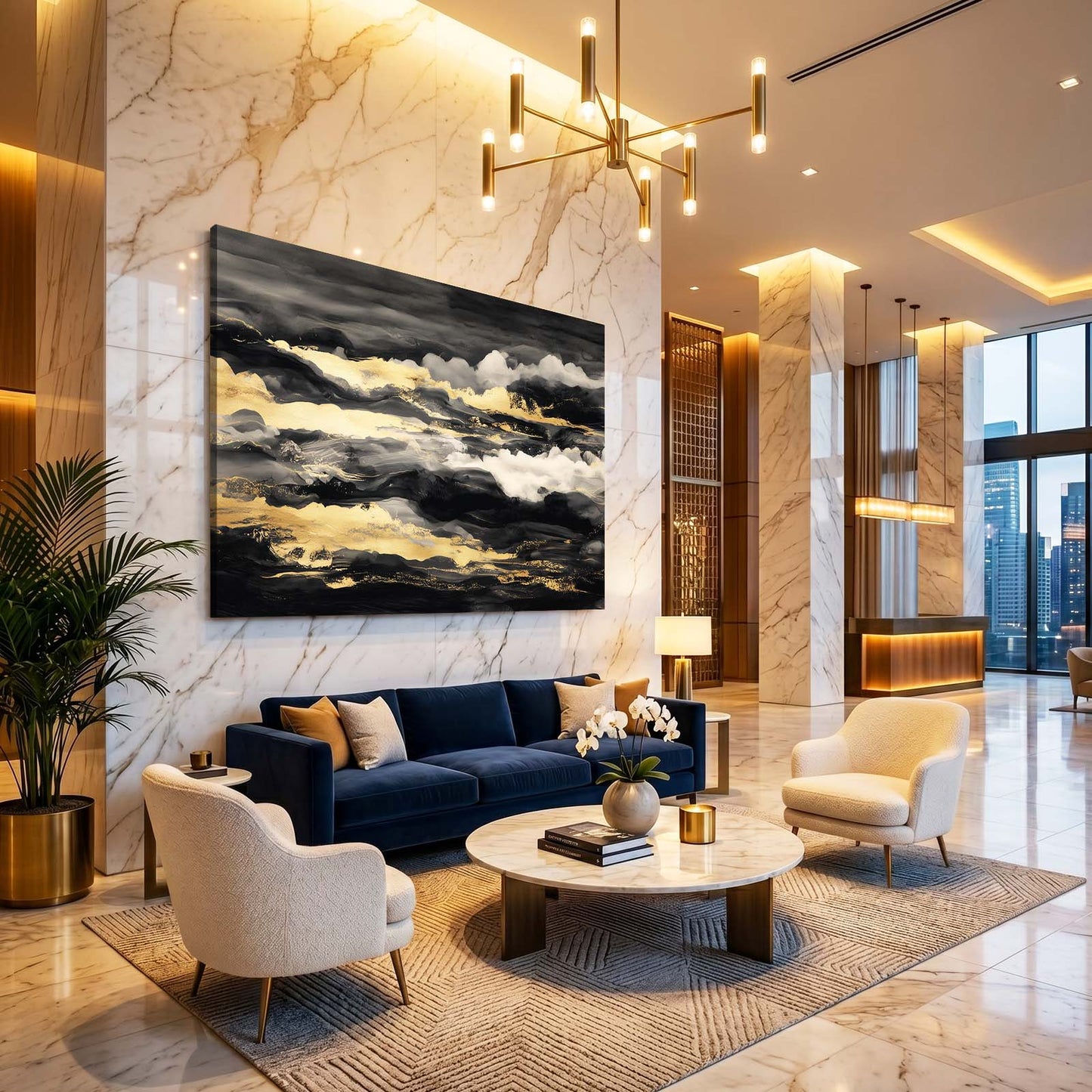 Golden Cloud Bank Canvas Art – styled in a furnished interior