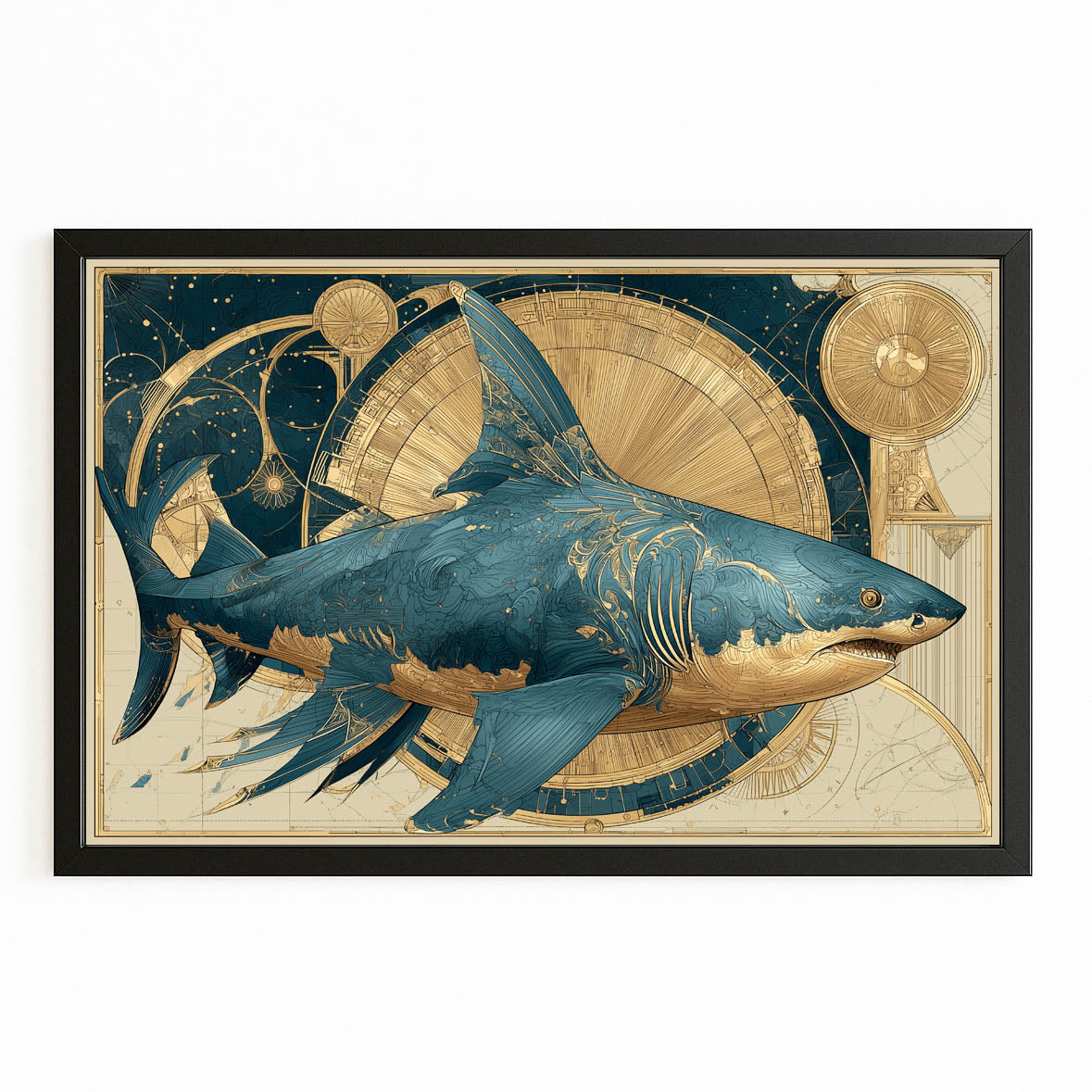 Golden Compass Vintage Shark Prints – with Premium Black frame on white background