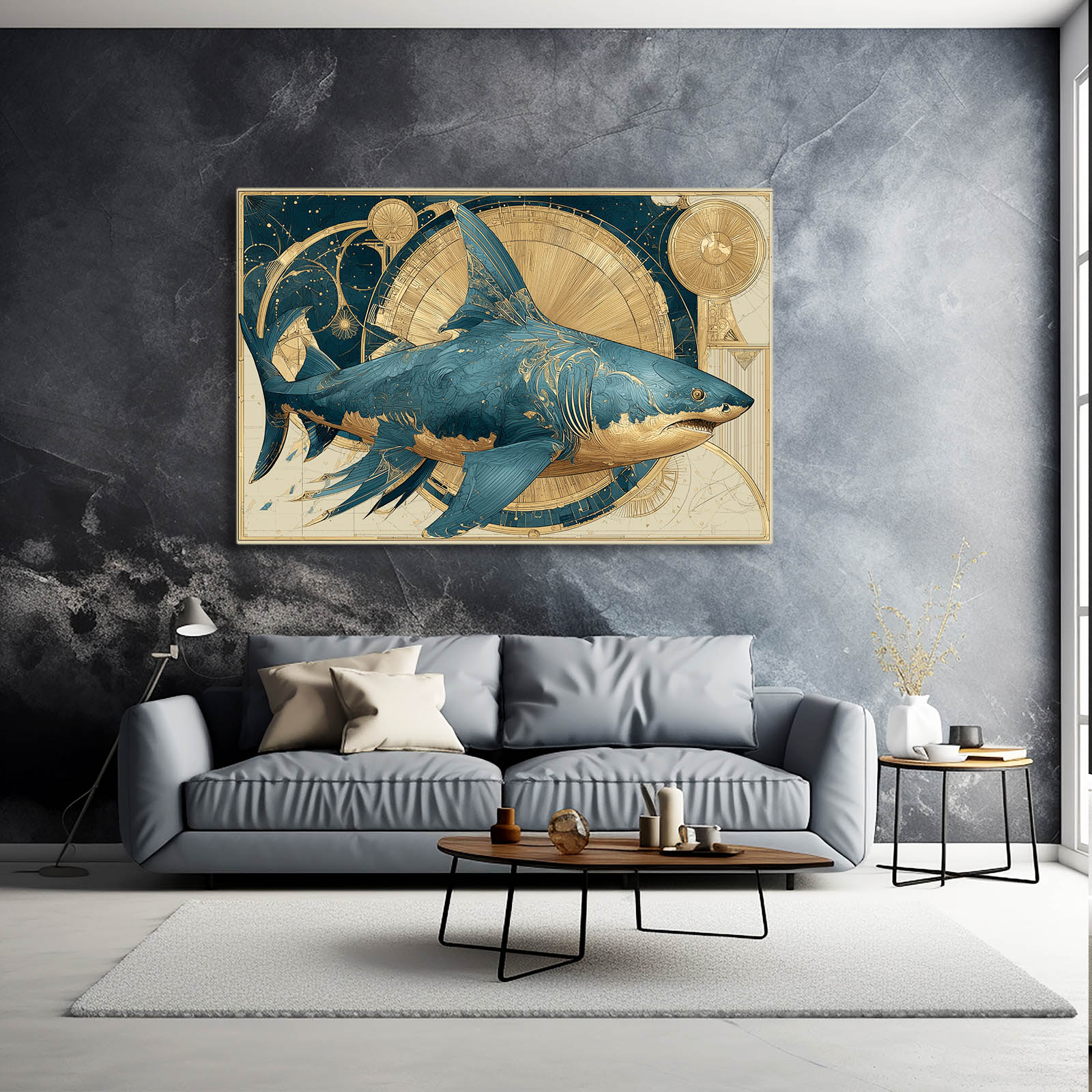 Golden Compass Vintage Shark Prints – styled in a furnished interior