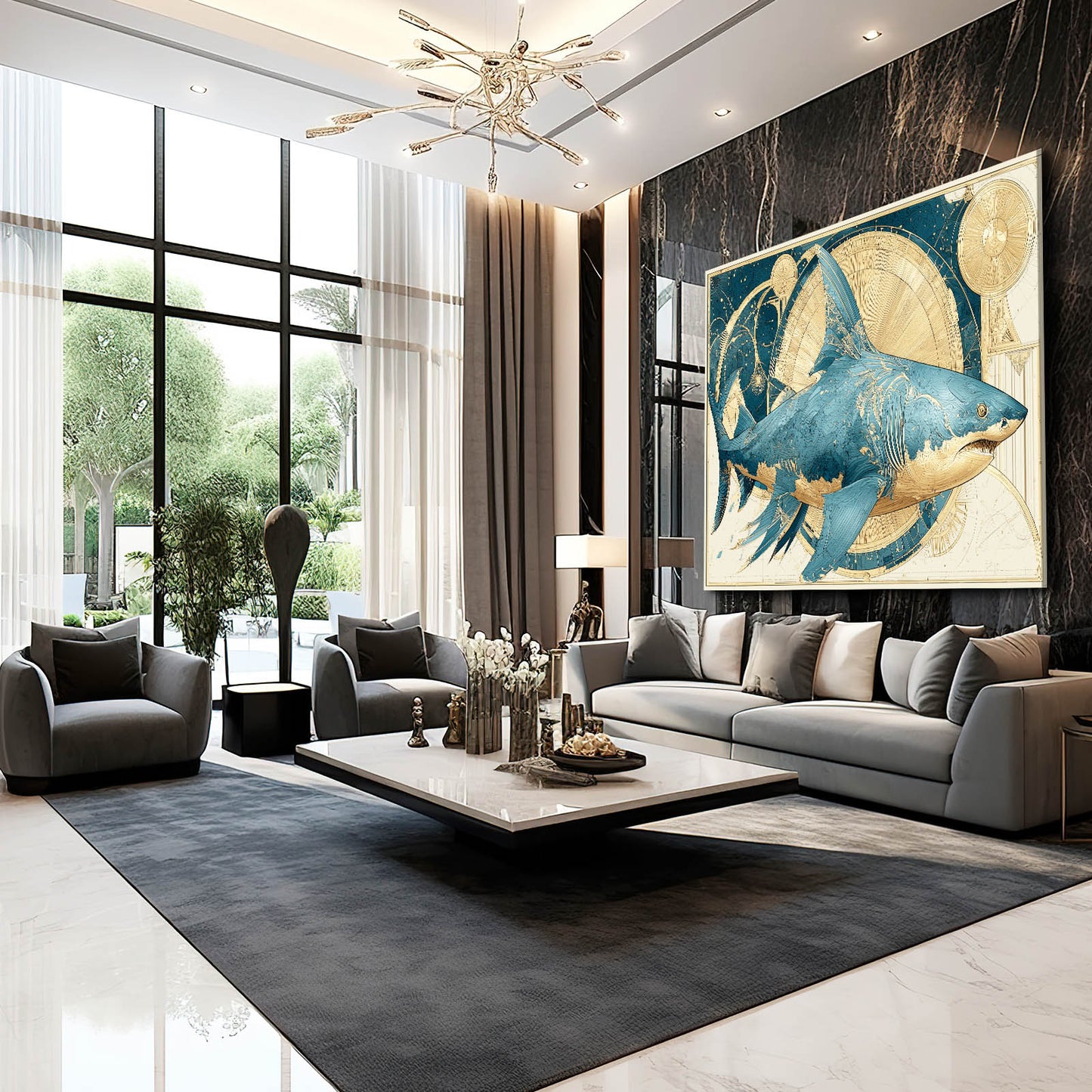 Golden Compass Vintage Shark Prints – styled in a furnished interior