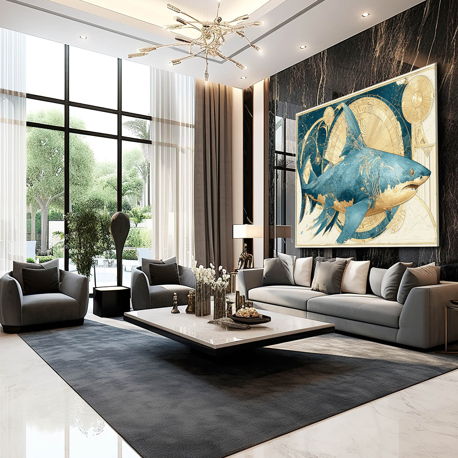 Golden Compass Vintage Shark Prints – styled in a furnished interior