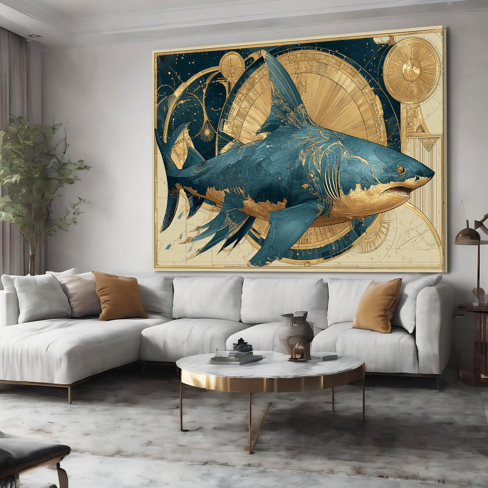 Golden Compass Vintage Shark Prints – styled in a furnished interior
