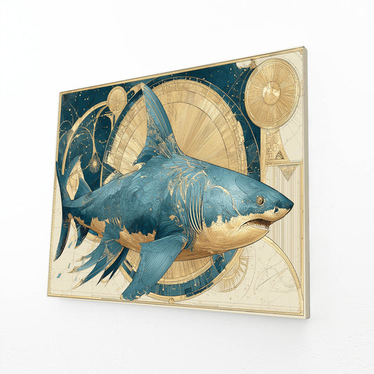 Golden Compass Vintage Shark Prints – angled canvas view on white background