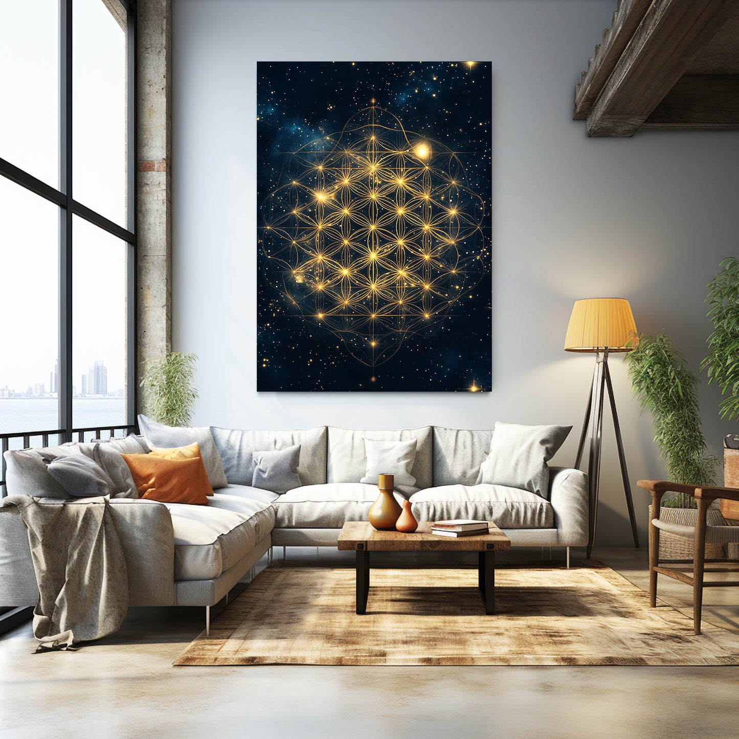 Golden Constellation Grid Flower Of Life Wall Art – styled in a furnished interior