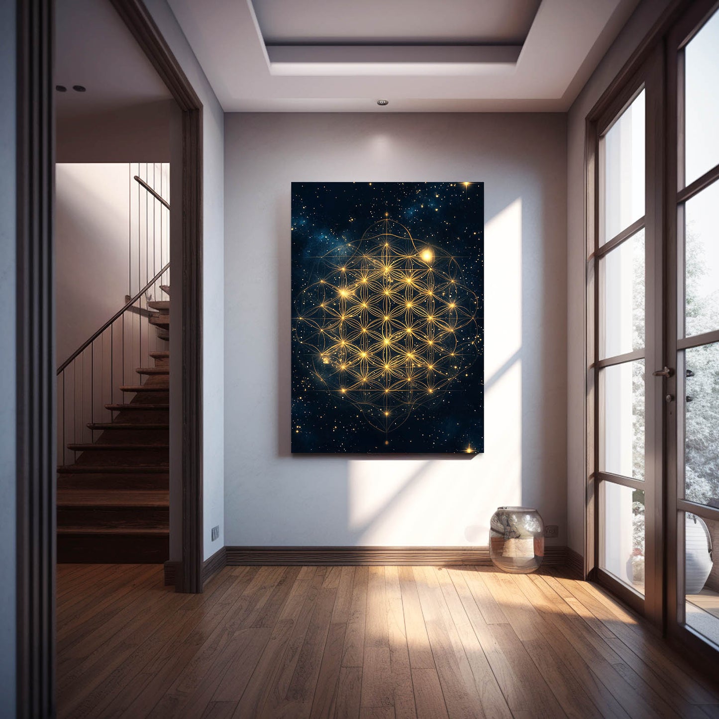 Golden Constellation Grid Flower Of Life Wall Art – styled in a furnished interior