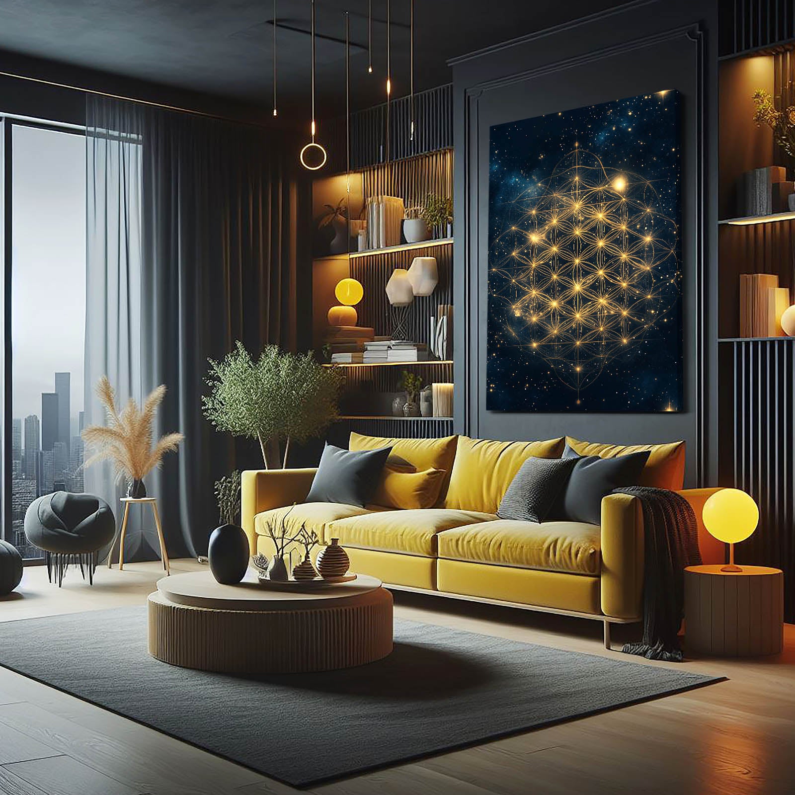 Golden Constellation Grid Flower Of Life Wall Art – styled in a furnished interior