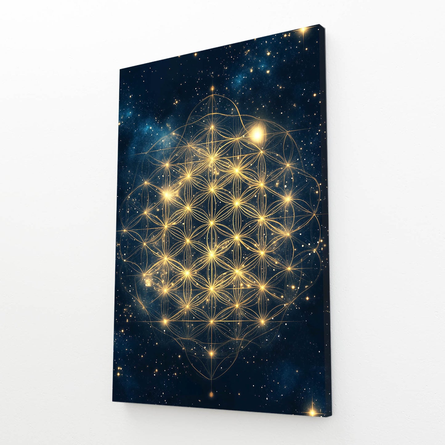 Golden Constellation Grid Flower Of Life Wall Art – angled canvas view on white background