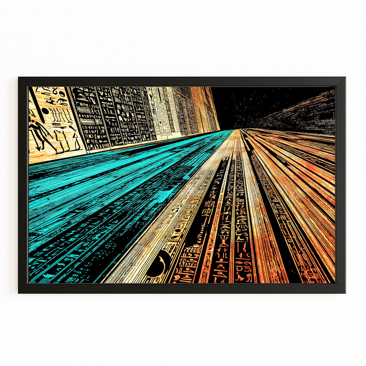 Golden Corridor Abstract Egyptian Canvas Art – with Premium Black frame on white background
