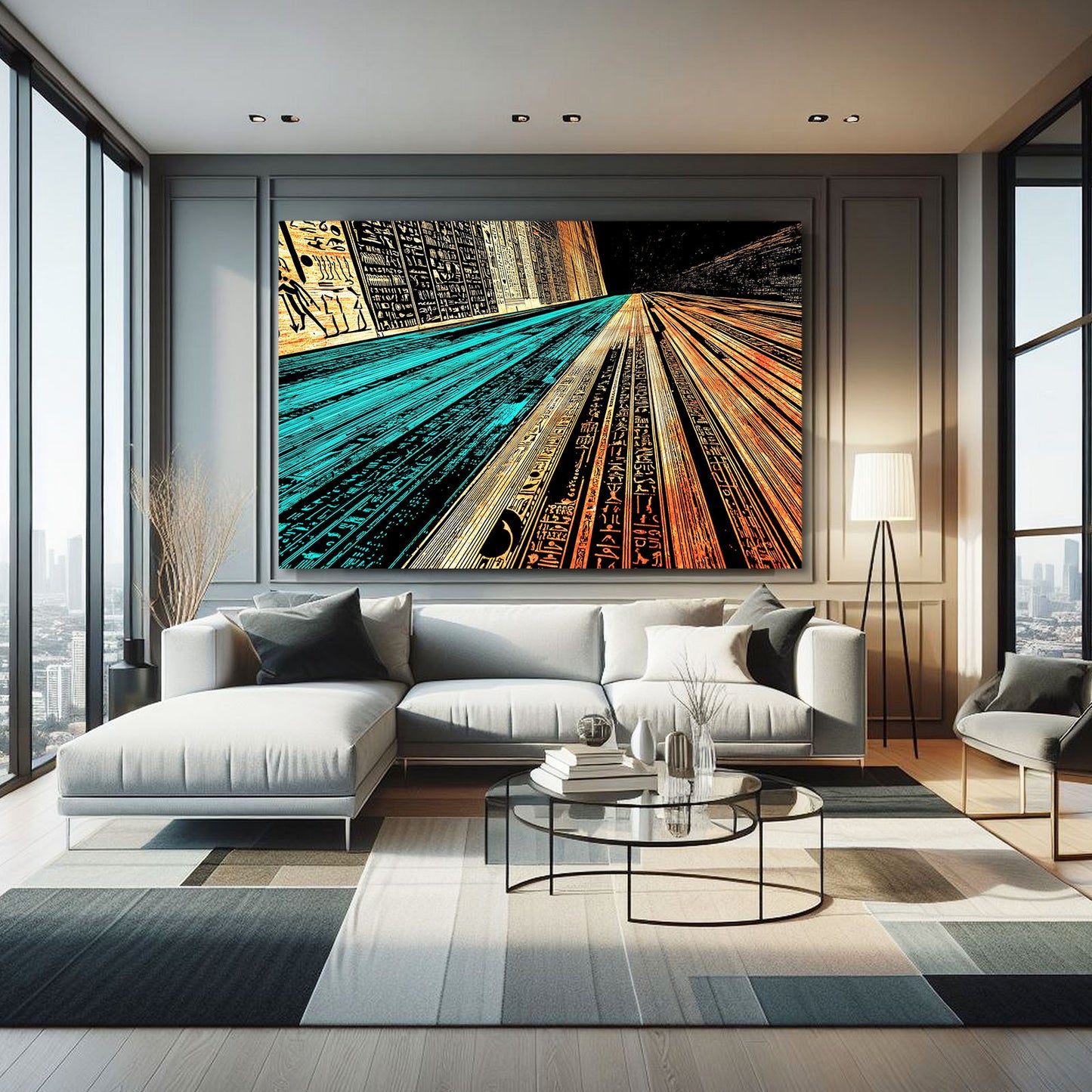 Golden Corridor Abstract Egyptian Canvas Art – styled in a furnished interior