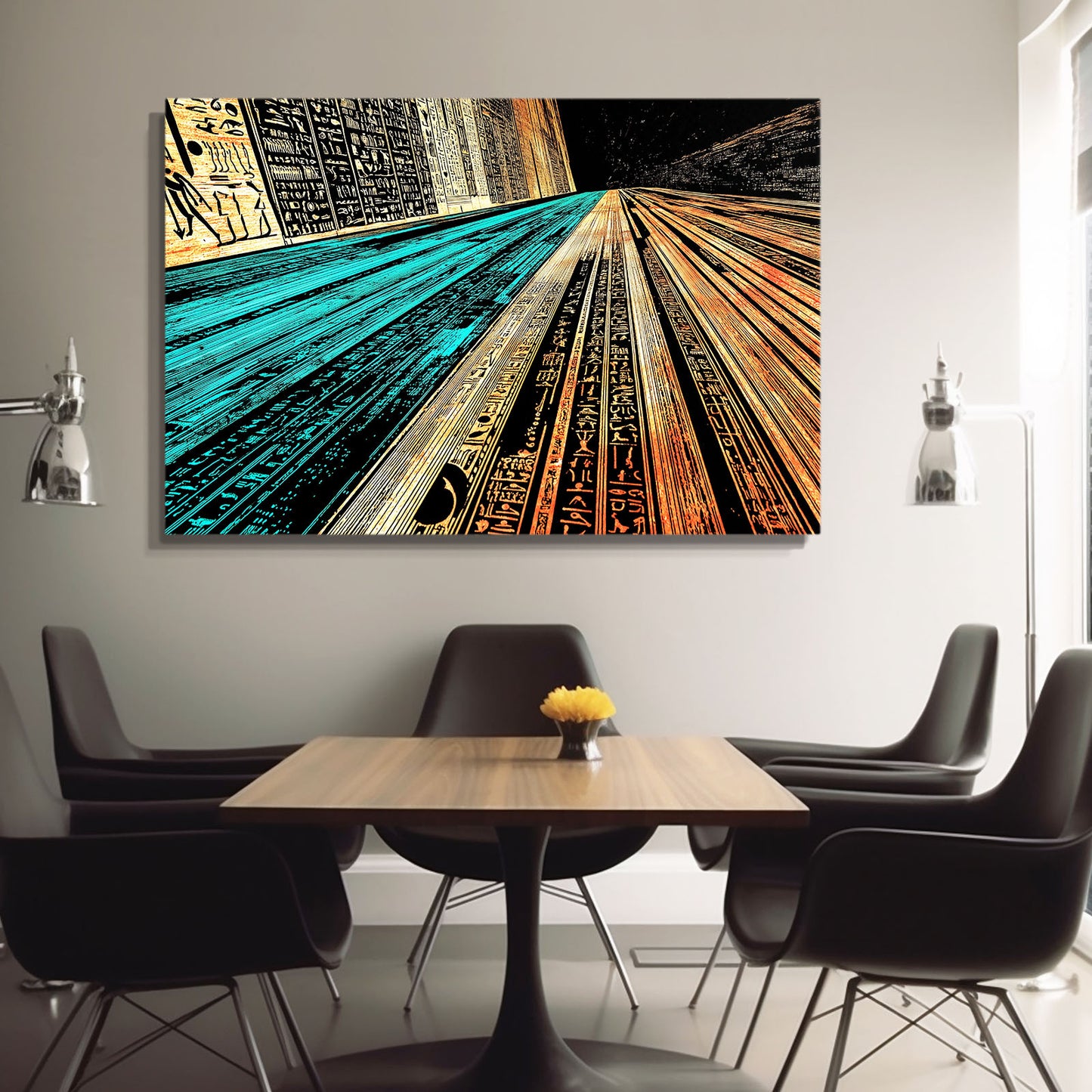Golden Corridor Abstract Egyptian Canvas Art – styled in a furnished interior
