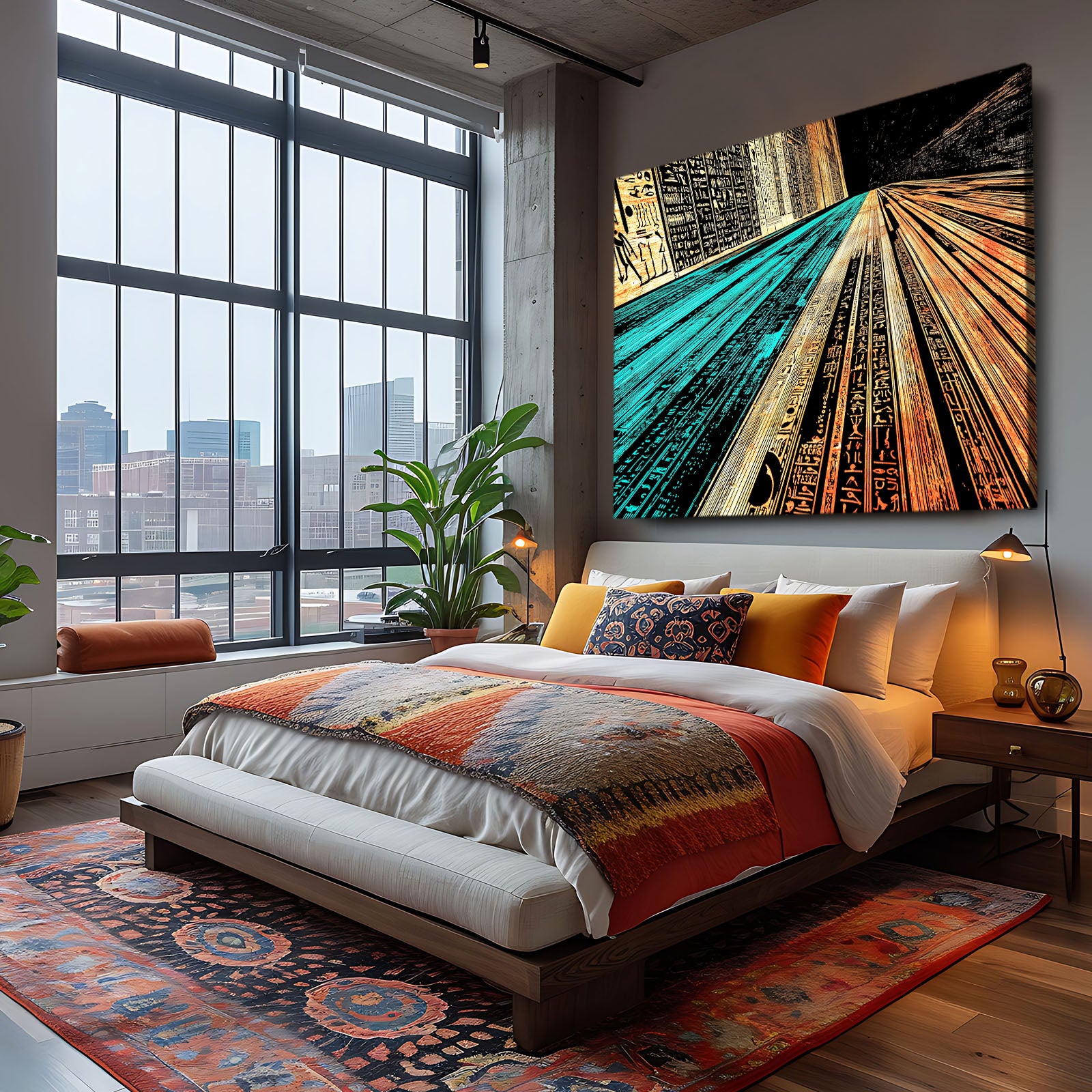 Golden Corridor Abstract Egyptian Canvas Art – styled in a furnished interior